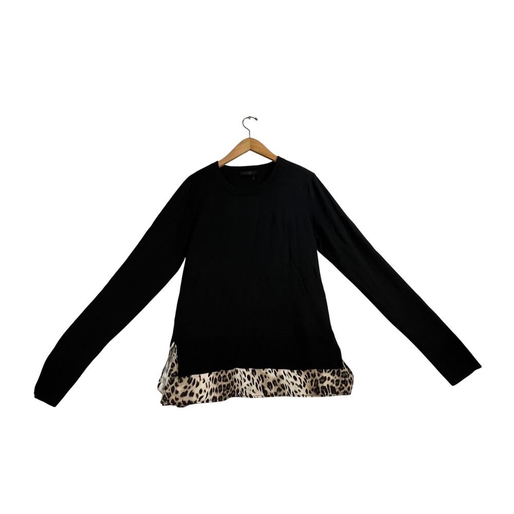 Donna Karan New York Black Silk Merino Wool Leopard Print Layered Sweater M